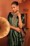 RICHA AHLUWALIA_Emerald Green Velvet, Silk Embroidery, Sequins, Zari Round Kaftan With Palazzo _at_Aza_Fashions