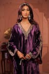 Buy_RICHA AHLUWALIA_Purple Silk, Velvet Embroidery, Sequins V-neck Kaftan _Online_at_Aza_Fashions