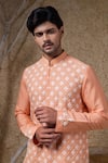 Darshika Menswear_Coral Cotton, Silk Embroidery Kurta Set _Online_at_Aza_Fashions