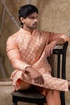 Buy_Darshika Menswear_Coral Cotton, Silk Embroidery Kurta Set _Online_at_Aza_Fashions