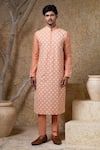 Buy_Darshika Menswear_Coral Cotton, Silk Embroidery Kurta Set _at_Aza_Fashions