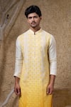 Buy_Darshika Menswear_Ivory Viscose, Silk Embroidery Ombre Yellow Kurta Set _Online_at_Aza_Fashions