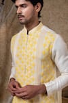Shop_Darshika Menswear_Ivory Viscose, Silk Embroidery Ombre Yellow Kurta Set _Online_at_Aza_Fashions