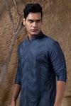 Darshika Menswear_Blue Cotton, Silk Pintuck Kurta Set _Online_at_Aza_Fashions