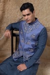 Darshika Menswear_Blue Silk, Cotton Embroidery Elephant Bundi And Kurta Set _Online_at_Aza_Fashions