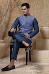 Buy_Darshika Menswear_Blue Silk, Cotton Embroidery Elephant Bundi And Kurta Set _Online_at_Aza_Fashions