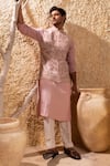 Darshika Menswear_Pink Viscose, Silk Embroidery Hand Bundi Set _at_Aza_Fashions