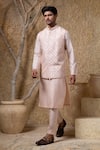 Shop_Darshika Menswear_Pink Cotton, Silk Embroidery, Sequins Embellished Bundi Kurta Set _at_Aza_Fashions
