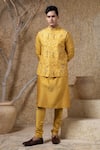Buy_Darshika Menswear_Mustard Silk, Cotton Embroidery, Metallic Thread Bundi And Kurta Set _at_Aza_Fashions