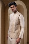 Shop_Darshika Menswear_Beige Silk Embroidery, Sequins Hand Bundi And Kurta Set _Online_at_Aza_Fashions
