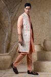 Buy_Darshika Menswear_Beige Silk, Cotton Embroidery Foliage Long Bundi And Kurta Set _Online_at_Aza_Fashions