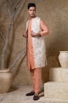 Buy_Darshika Menswear_Beige Silk, Cotton Embroidery Foliage Long Bundi And Kurta Set _at_Aza_Fashions
