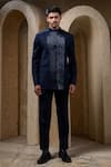 Shop_Darshika Menswear_Blue Suiting Sequins Embroidered Bandhgala Set _at_Aza_Fashions