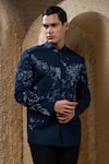 Buy_Darshika Menswear_Blue Suiting Sequins Embellished Bandhgala Set _Online_at_Aza_Fashions