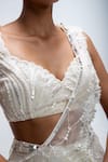 Mirroir_Ivory Georgette, Silk Organza Beads, Cascade Pre-draped Saree And Blouse Set _Online_at_Aza_Fashions