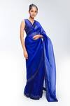 Mirroir_Sapphire Georgette, Silk Organza Sequins, Beads, Embroidery V-neck Saree Set _Online_at_Aza_Fashions