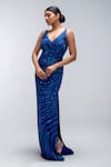 Buy_Mirroir_Blue Georgette, Silk Beads, Sequins V-neck Reef Embellished Cocktail Gown _at_Aza_Fashions
