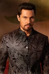 Shop Rohit Gandhi + Rahul Khanna Black Velvet, Silk Embroidery, Sequins Tonal Bandhgala Kurta Set at Aza Fashions Shop_Rohit Gandhi + Rahul Khanna_Black Velvet, Silk Embroidery, Sequins Tonal Bandhgala Kurta Set _at_Aza_Fashions