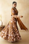 Gulabo Jaipur_Brown Tussar, Satin Embroidery V-neck Chitra Lehenga Set _at_Aza_Fashions