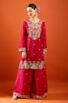 Samyukta Singhania_Red Chinon Embroidery, Sequins, Zari Split V-neck Kurta Sharara Set _Online_at_Aza_Fashions