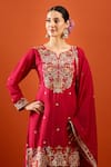 Shop_Samyukta Singhania_Red Chinon Embroidery, Sequins, Zari Split V-neck Kurta Sharara Set _Online_at_Aza_Fashions
