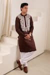 Buy_Menero_Brown Dupion, , Chanderi Intricate Kurta And Pathani Salwar Set _at_Aza_Fashions