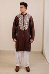 Shop_Menero_Brown Dupion, , Chanderi Intricate Kurta And Pathani Salwar Set _at_Aza_Fashions