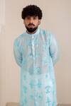 Menero_Blue Chanderi Silk, Cotton Embroidery, Mirrors Leather Embossed Motif Kurta Set _Online_at_Aza_Fashions