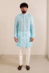 Buy_Menero_Blue Chanderi Silk, Cotton Embroidery, Mirrors Leather Embossed Motif Kurta Set _Online_at_Aza_Fashions