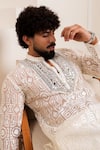Shop_Menero_Off White Chanderi Silk, Cotton Embroidery, Self Geometric Kurta And Pant _Online_at_Aza_Fashions