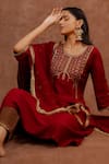 Shop_World of Sugandh_Maroon Dupion, Silk Embroidery, Zari, Sequins, Gota Ruhani Hand Kurta With Pant _Online_at_Aza_Fashions
