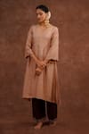 World of Sugandh_Beige Dupion Embroidery, Sequins V-neck Mrigja Chand Kurta With Pant _Online_at_Aza_Fashions