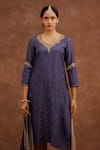World of Sugandh_Blue Dupion, Silk Embroidery, Fringe V-neck Neer Hand Kurta Set _Online_at_Aza_Fashions