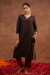 Buy_World of Sugandh_Charcoal Dupion, Silk Embroidery V-neck Kumkum Hand Kurta Set _at_Aza_Fashions
