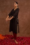 World of Sugandh_Charcoal Dupion, Silk Embroidery V-neck Kumkum Hand Kurta Set _Online_at_Aza_Fashions