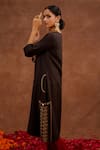 Buy_World of Sugandh_Charcoal Dupion, Silk Embroidery V-neck Kumkum Hand Kurta Set _Online_at_Aza_Fashions