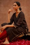 World of Sugandh_Charcoal Dupion, Silk Embroidery V-neck Kumkum Hand Kurta Set _at_Aza_Fashions
