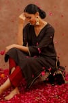 Buy_World of Sugandh_Charcoal Dupion, Silk Embroidery V-neck Kumkum Hand Kurta Set 