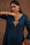 Buy_World of Sugandh_Blue Dupion, Silk Embroidery, Piping V-neck Neelkanthi Hand Kurta With Pant _Online_at_Aza_Fashions