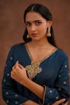 Shop_World of Sugandh_Blue Dupion, Silk Embroidery, Piping V-neck Neelkanthi Hand Kurta With Pant _Online_at_Aza_Fashions