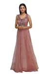 Buy_Aharin India_Pink Glass Nylon V-shaped Neckline Embroidered Gown _at_Aza_Fashions