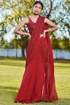Buy_Sana Barreja_Maroon Net, Georgette V Neck Pre-draped Embroidered Saree Set _at_Aza_Fashions