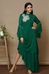 Buy_Aariyana Couture_Green Georgette Embroidery Mandarin Collar Draped Asymmetric Dress_at_Aza_Fashions