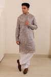 Buy_Menero_Gray Chanderi Silk, Cotton, Rayon Embroidery, Mirrors Self Stripe Kurta Set _at_Aza_Fashions