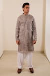 Shop_Menero_Gray Chanderi Silk, Cotton, Rayon Embroidery, Mirrors Self Stripe Kurta Set 