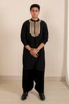Shop_Menero_Black Dupion, Silk, Cotton, Rayon Zari, Zardosi Kurta And Pathani Salwar Set _at_Aza_Fashions