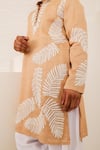 Buy_Menero_Beige Chanderi Silk, Cotton, Rayon Embroidery, Self Fabric Leaf Motif Kurta Set _Online_at_Aza_Fashions