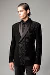 Vivek Patel_Black Crepe, Satin Embroidery Florae Blazer And Trousers Set _Online_at_Aza_Fashions