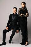 Shop_Vivek Patel_Black Crepe, Satin Embroidery Florae Blazer And Trousers Set _Online_at_Aza_Fashions