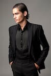 Vivek Patel_Black Twill, Suiting Embroidery Etch Striped Machine Blazer And Trouser _Online_at_Aza_Fashions